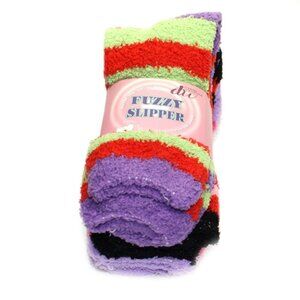 Weitzner Cozy Fuzzy Slipper Socks Green Black Purple Stripe 3 Pair Size 9-11
